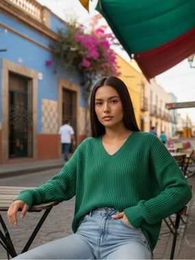 Chaps teal knit pullover v-neck sweater xl